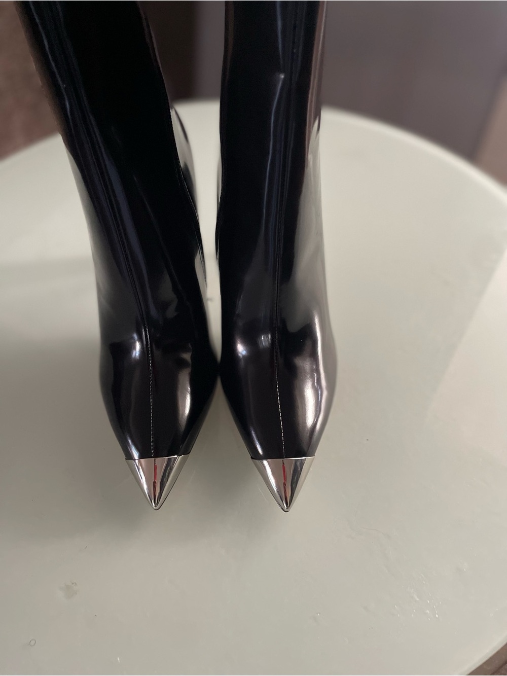 Black Patent Pointed Toe Stiletto Boots with Silver Cap